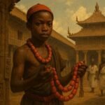 A young messenger holding sacred coral beads in the royal court of the ancient Kingdom of Benin.