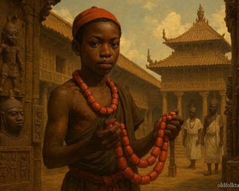 A young messenger holding sacred coral beads in the royal court of the ancient Kingdom of Benin.