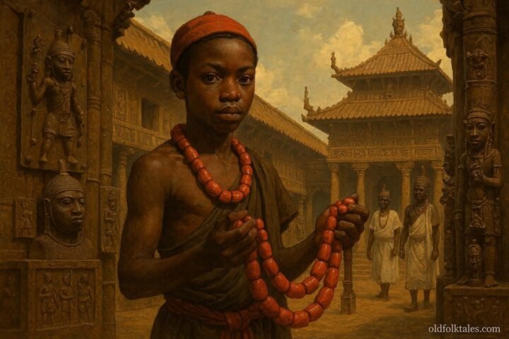 A young messenger holding sacred coral beads in the royal court of the ancient Kingdom of Benin.