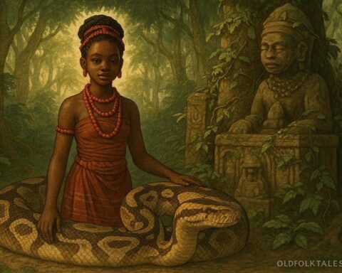 A young Igbo maiden discovering a sacred python near an ancient shrine in a forest grove in Idemili.