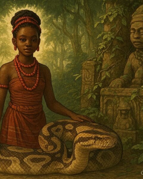 A young Igbo maiden discovering a sacred python near an ancient shrine in a forest grove in Idemili.