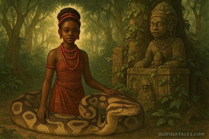 A young Igbo maiden discovering a sacred python near an ancient shrine in a forest grove in Idemili.