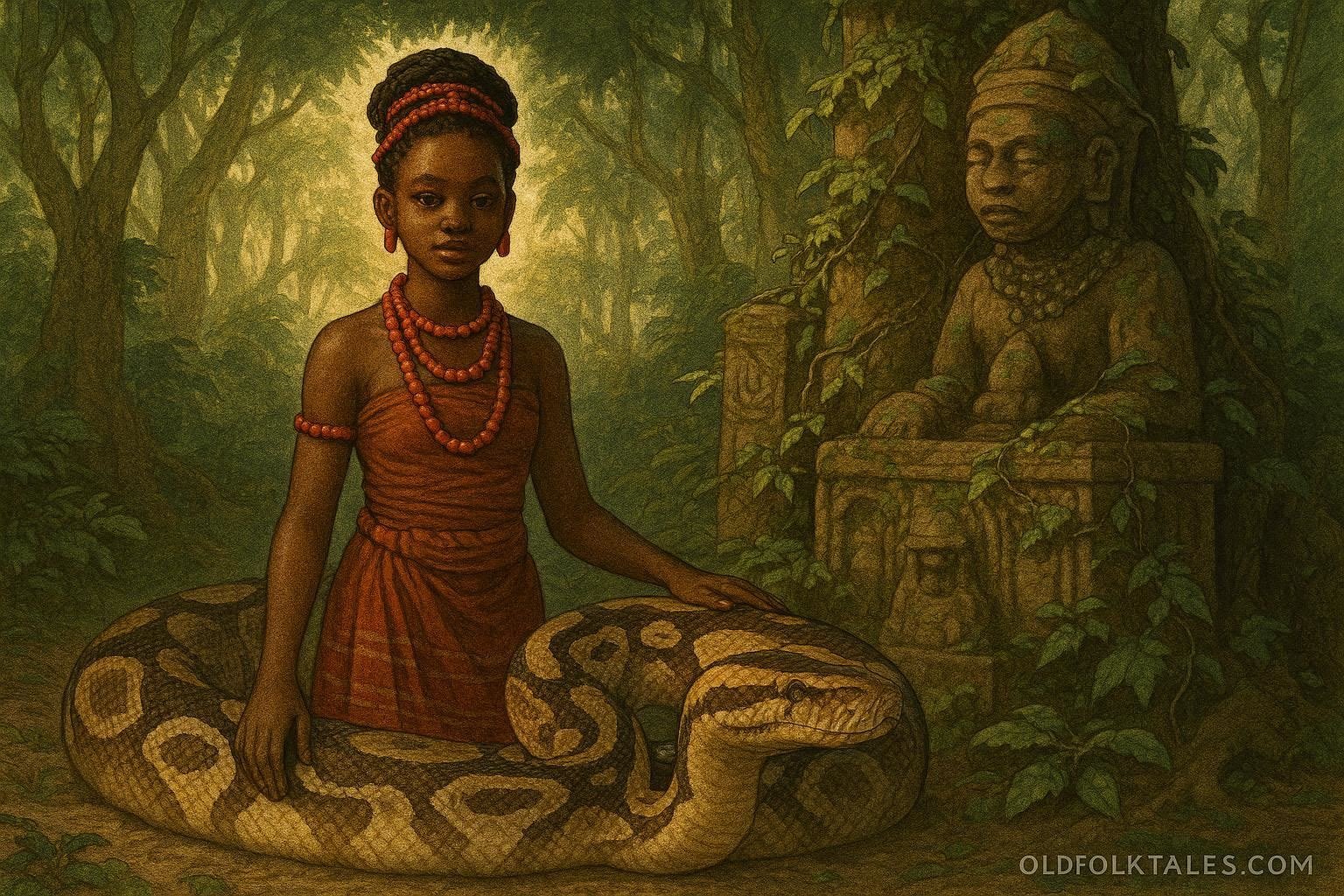 A young Igbo maiden discovering a sacred python near an ancient shrine in a forest grove in Idemili.