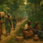 Agni and Baoulé traders traveling along an early trade route that connects communities across Côte d’Ivoire.