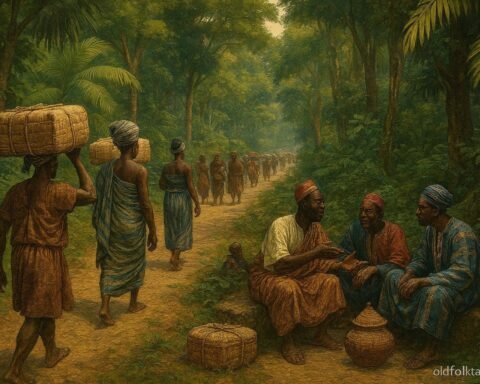 Agni and Baoulé traders traveling along an early trade route that connects communities across Côte d’Ivoire.