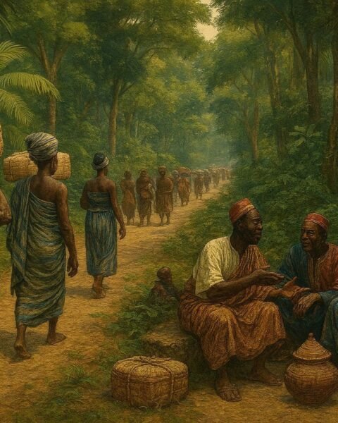 Agni and Baoulé traders traveling along an early trade route that connects communities across Côte d’Ivoire.