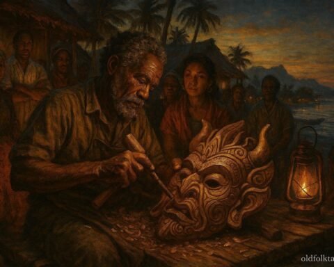 A skilled artisan displaying a ceremonial mask believed to reveal hidden truths during community gatherings in Mauritius.