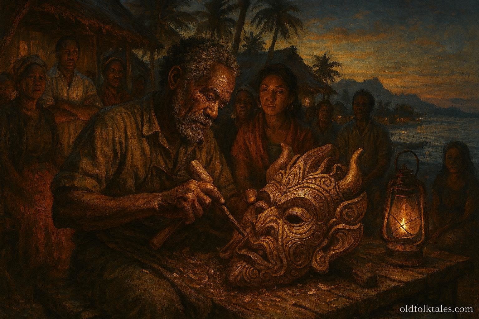 A skilled artisan displaying a ceremonial mask believed to reveal hidden truths during community gatherings in Mauritius.