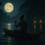 A fisherman paddling across a moonlit lake while following mysterious lights toward an ancestral site