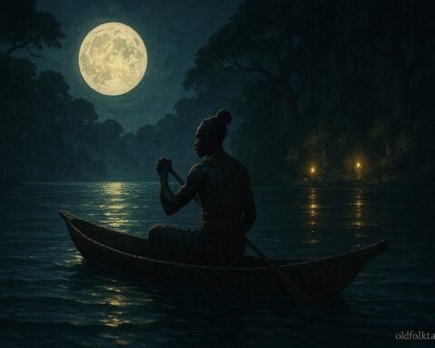A fisherman paddling across a moonlit lake while following mysterious lights toward an ancestral site