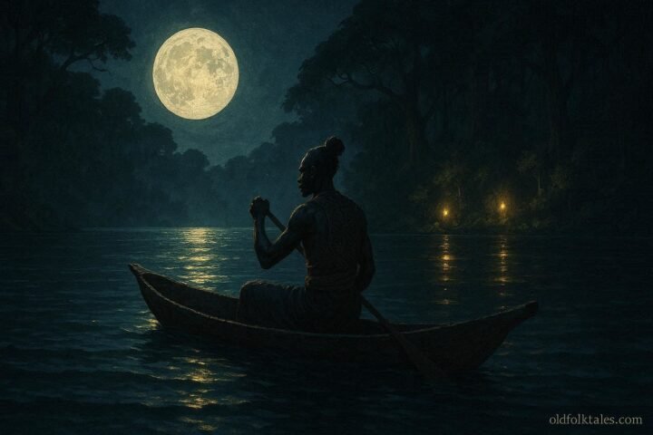 A fisherman paddling across a moonlit lake while following mysterious lights toward an ancestral site