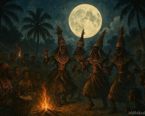 Mysterious dancers performing under the full moon during a traditional Efik festival in Calabar, Nigeria.