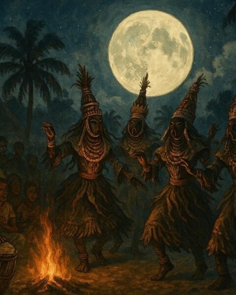 Mysterious dancers performing under the full moon during a traditional Efik festival in Calabar, Nigeria.