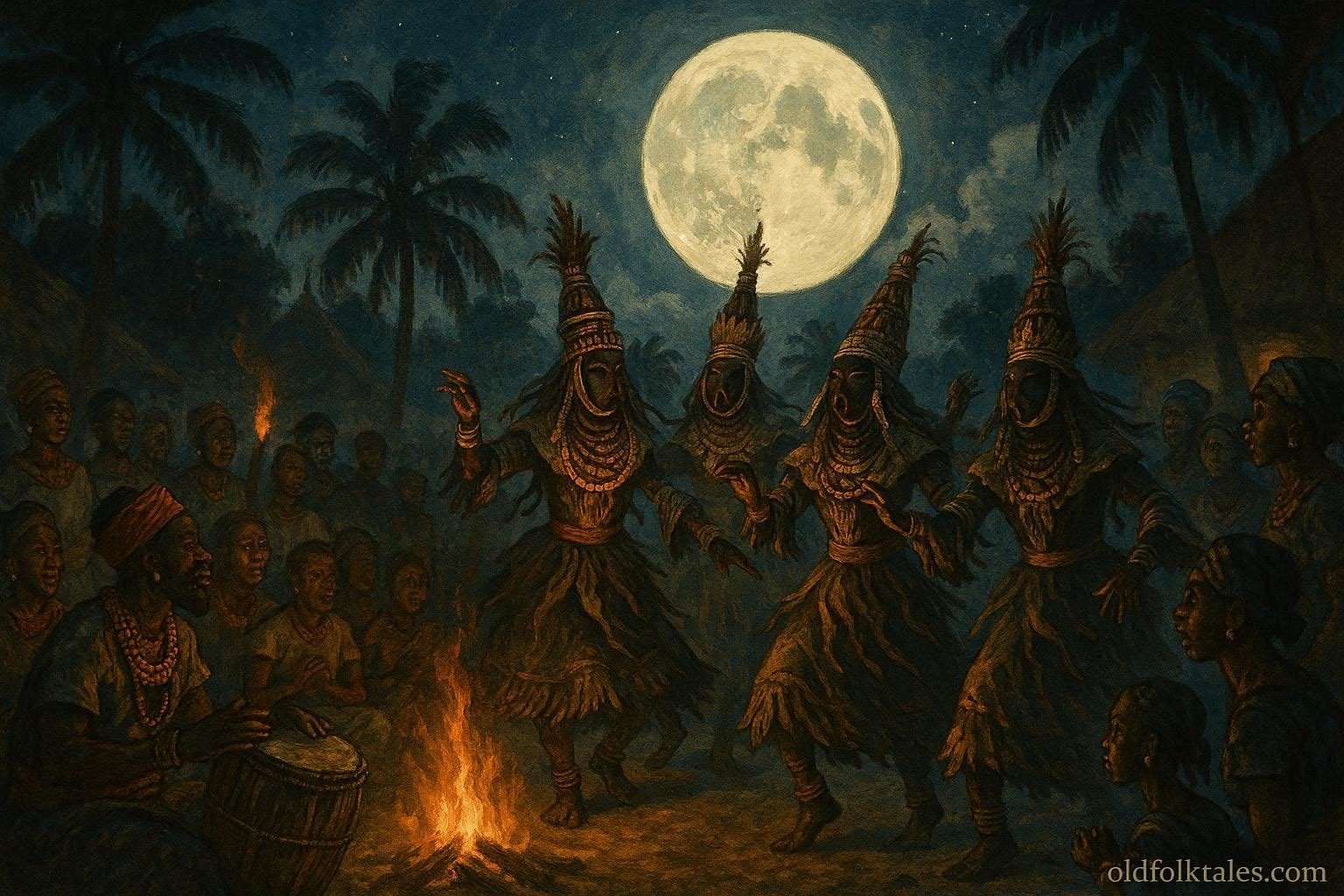 Mysterious dancers performing under the full moon during a traditional Efik festival in Calabar, Nigeria.