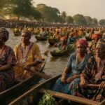 Adult Duala participants in decorated canoes during the Ngondo Water Ceremony on the Wouri River in Cameroon.