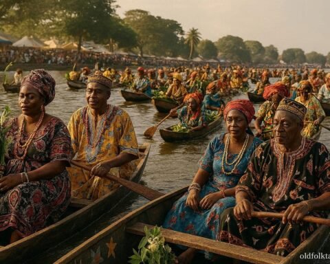 Adult Duala participants in decorated canoes during the Ngondo Water Ceremony on the Wouri River in Cameroon.