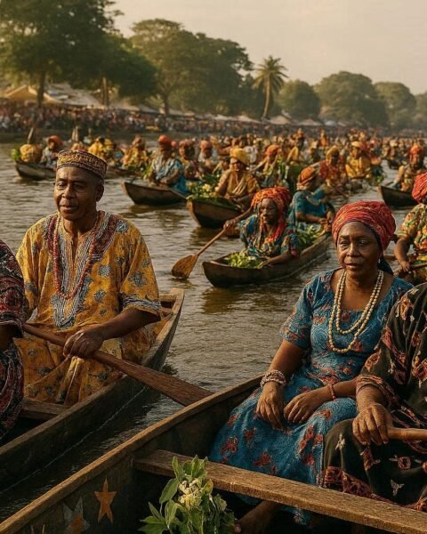 Adult Duala participants in decorated canoes during the Ngondo Water Ceremony on the Wouri River in Cameroon.