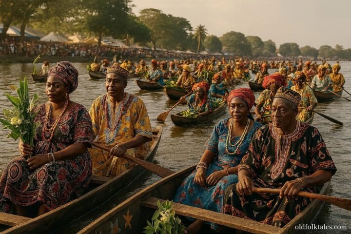 Adult Duala participants in decorated canoes during the Ngondo Water Ceremony on the Wouri River in Cameroon.