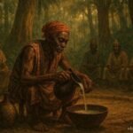 A respected Fang elder preparing ceremonial palm wine during a village peace gathering