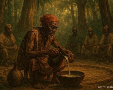 A respected Fang elder preparing ceremonial palm wine during a village peace gathering