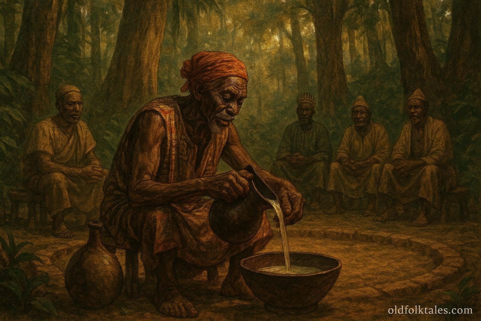 A respected Fang elder preparing ceremonial palm wine during a village peace gathering