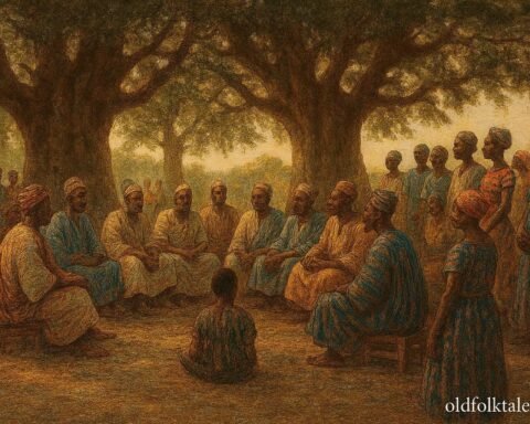 Abron elders and neighboring communities meeting in Bondoukou to negotiate peace through dialogue and customary law.