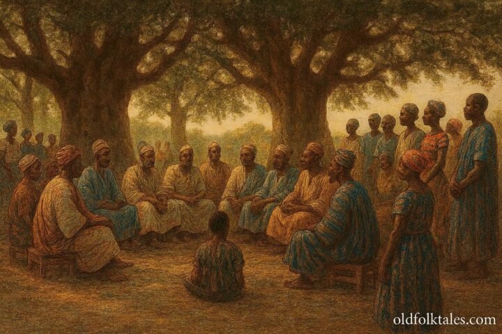 Abron elders and neighboring communities meeting in Bondoukou to negotiate peace through dialogue and customary law.