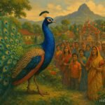 A magnificent peacock with brilliant feathers appearing before a community celebration in Curepipe, Mauritius.