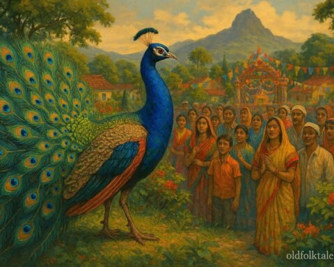 A magnificent peacock with brilliant feathers appearing before a community celebration in Curepipe, Mauritius.