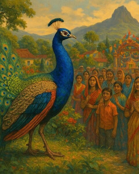 A magnificent peacock with brilliant feathers appearing before a community celebration in Curepipe, Mauritius.