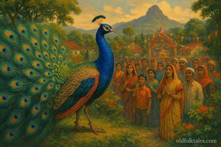 A magnificent peacock with brilliant feathers appearing before a community celebration in Curepipe, Mauritius.