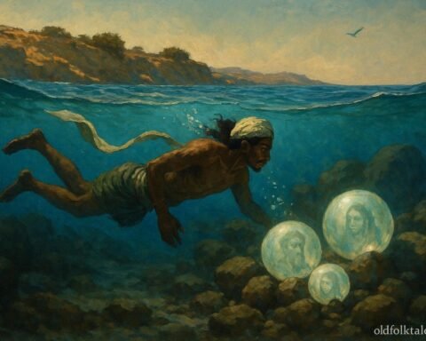 A diver underwater discovering glowing mystical pearls that contain ancestral memories near the island of Djerba.