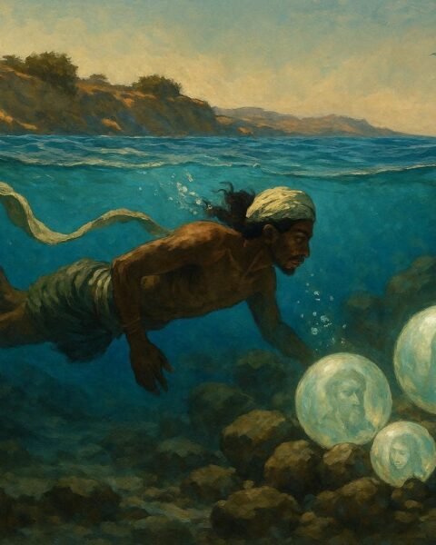 A diver underwater discovering glowing mystical pearls that contain ancestral memories near the island of Djerba.