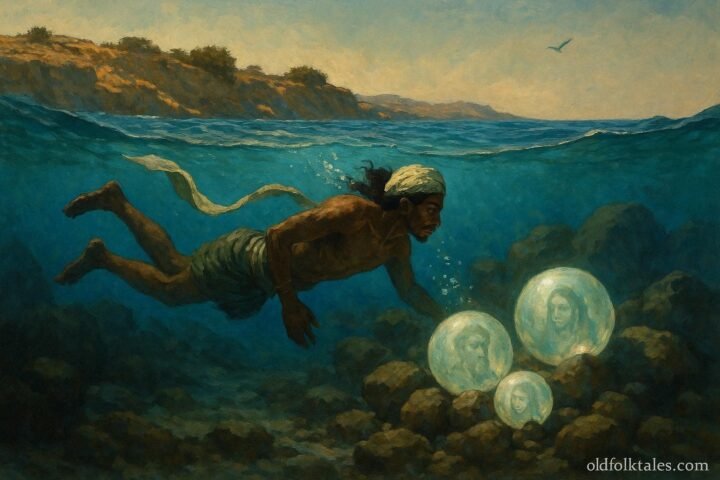 A diver underwater discovering glowing mystical pearls that contain ancestral memories near the island of Djerba.