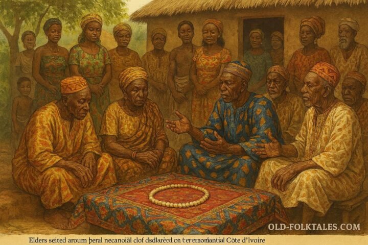 Agni elders displaying a treasured pearl necklace during a family gathering focused on reconciliation and heritage.