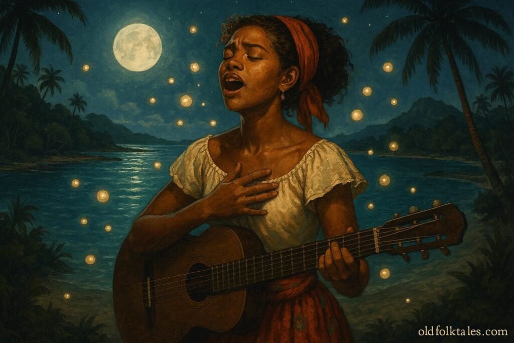 A young singer from Rodrigues performing ancient songs preserved inside magical glowing pearls by the ocean.