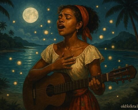 A young singer from Rodrigues performing ancient songs preserved inside magical glowing pearls by the ocean.