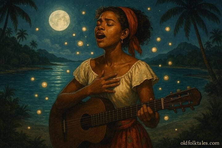 A young singer from Rodrigues performing ancient songs preserved inside magical glowing pearls by the ocean.