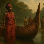 A young princess of the Brass Kingdom standing beside a royal canoe while preparing to serve her coastal community.