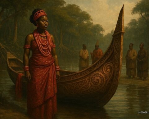 A young princess of the Brass Kingdom standing beside a royal canoe while preparing to serve her coastal community.