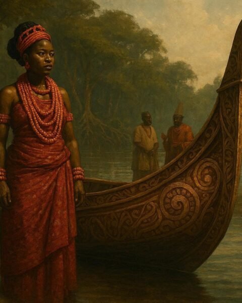 A young princess of the Brass Kingdom standing beside a royal canoe while preparing to serve her coastal community.