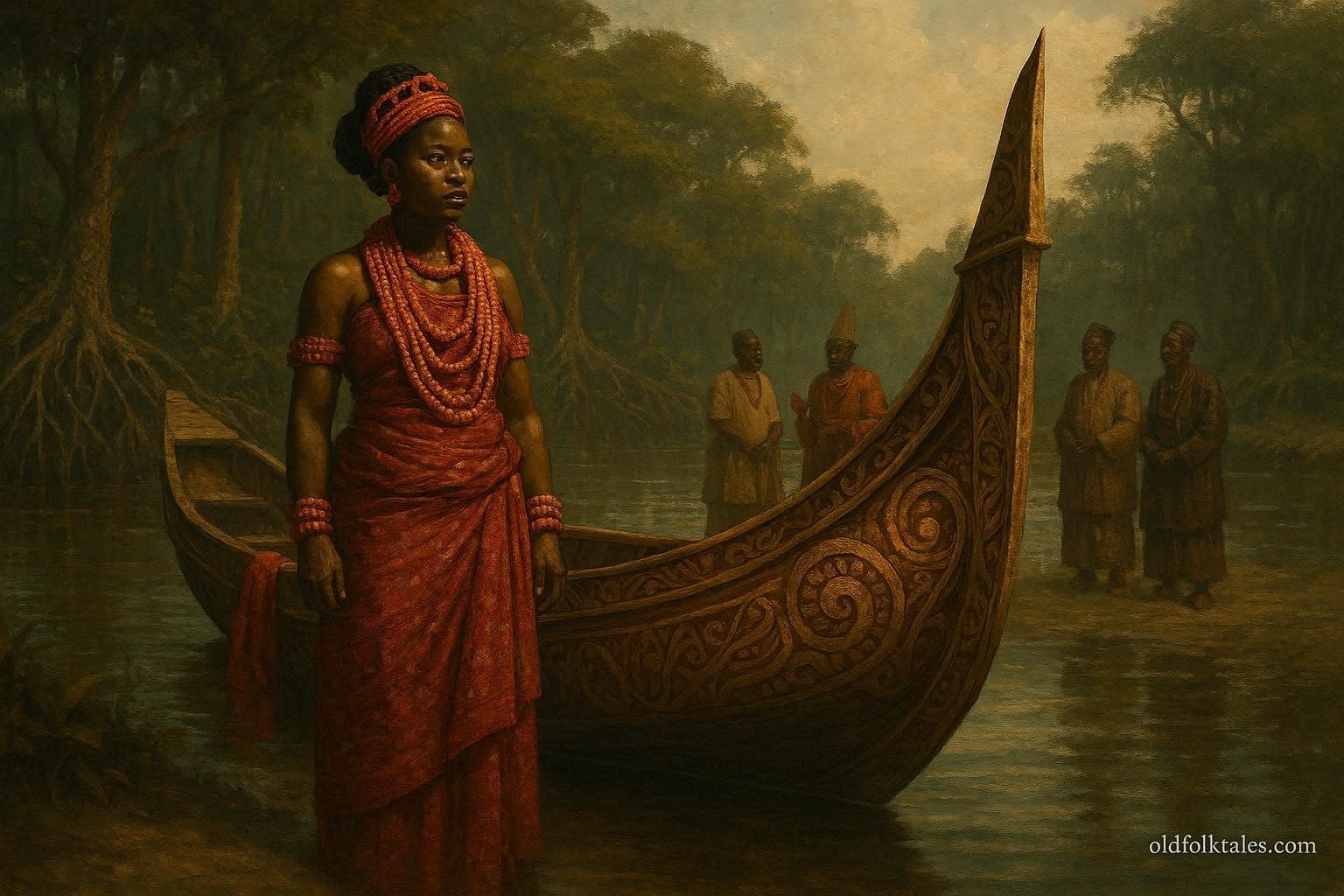 A young princess of the Brass Kingdom standing beside a royal canoe while preparing to serve her coastal community.
