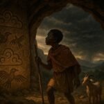 A young shepherd discovering ancient weather knowledge in a hidden cave during a drought in Zambia.