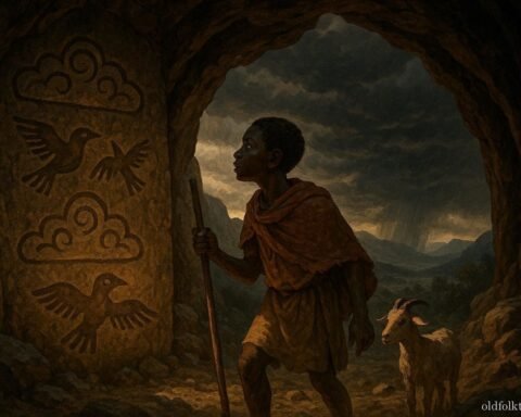 A young shepherd discovering ancient weather knowledge in a hidden cave during a drought in Zambia.