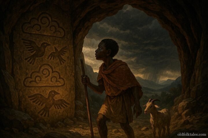 A young shepherd discovering ancient weather knowledge in a hidden cave during a drought in Zambia.