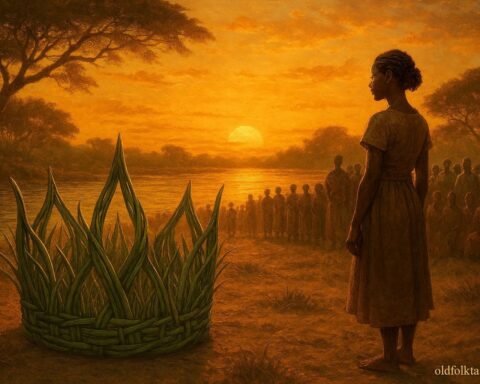 A sacred crown woven from river reeds choosing a worthy leader among riverside communities along the Zambezi River.