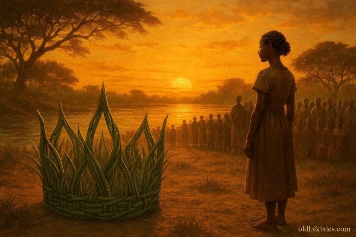 A sacred crown woven from river reeds choosing a worthy leader among riverside communities along the Zambezi River.