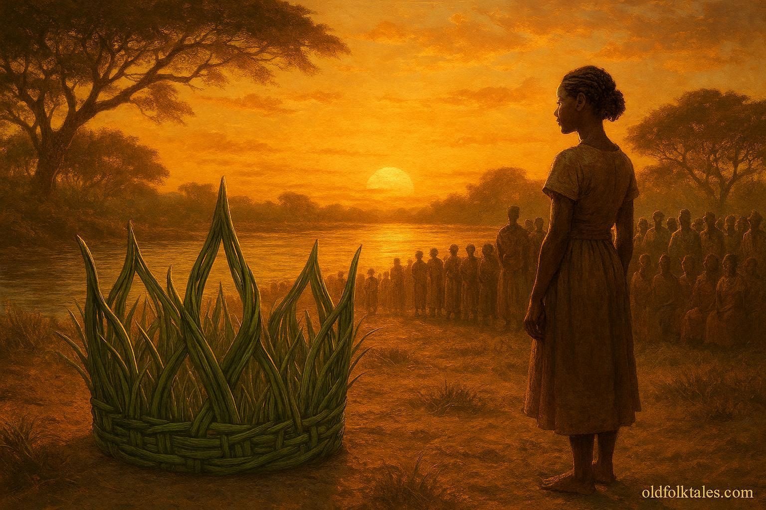 A sacred crown woven from river reeds choosing a worthy leader among riverside communities along the Zambezi River.