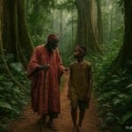 A Bakossi elder guiding a young villager through a sacred rainforest in southwest Cameroon.