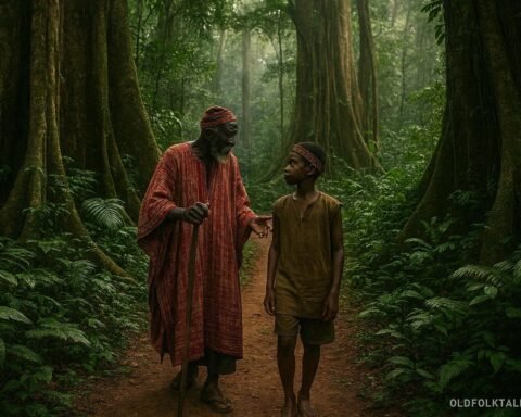 A Bakossi elder guiding a young villager through a sacred rainforest in southwest Cameroon.